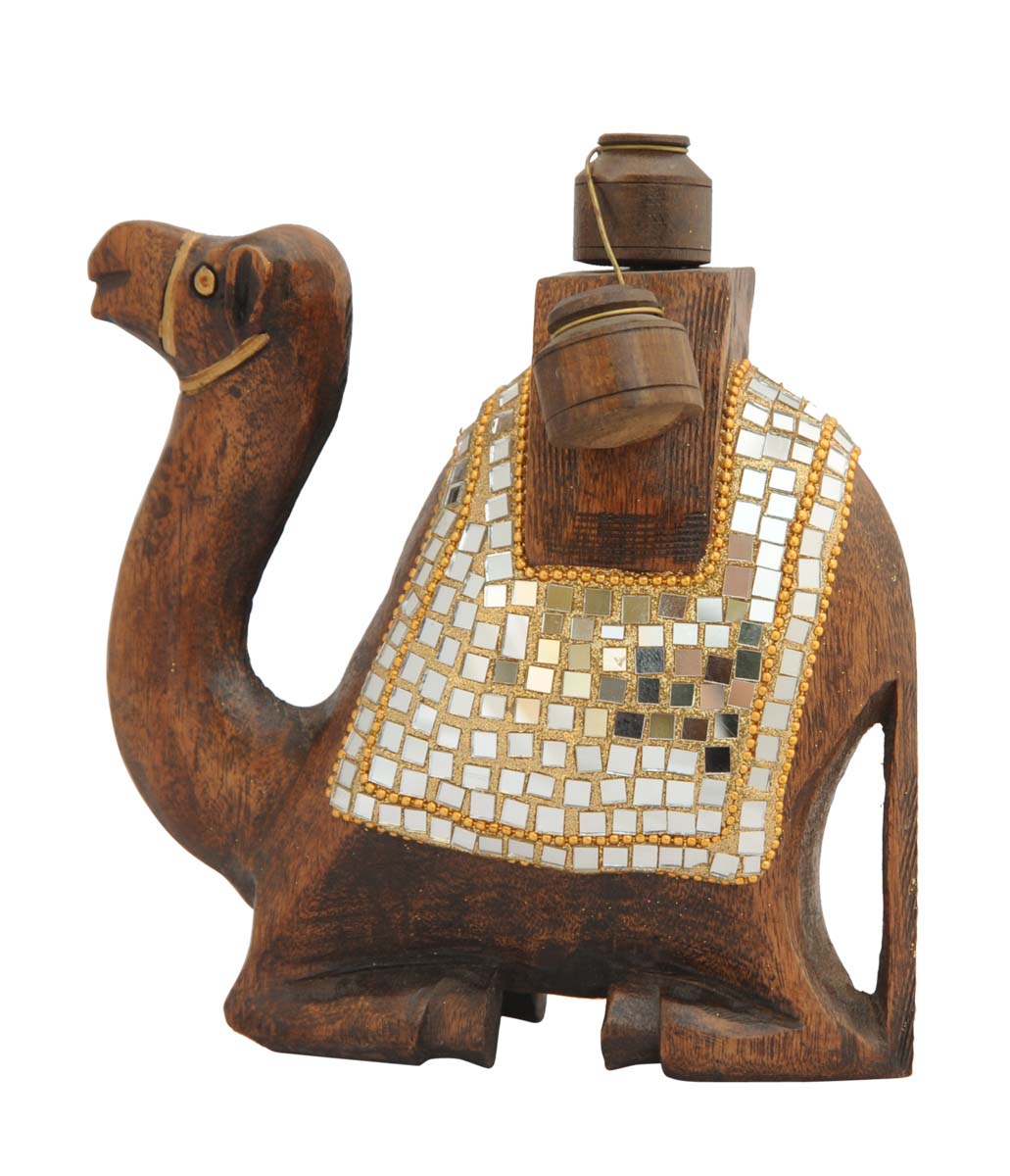 Bulk Wholesale Camel Sculpture in Wood – Hand-Crafted 7” Animal Statue / Figurine Carrying Earthen Pots – Artifact with Mirror and Beads’ Work – Rich-Look Home Décor from India
