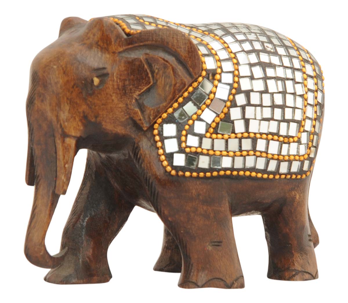 Wholesale Elephant Figurine - Bulk Buy 5” Hand Carved Wooden Elephant Statue - Decorative Mirror and Beads Work - Animal Decor Sculpture - Home Decor Gifts from India
