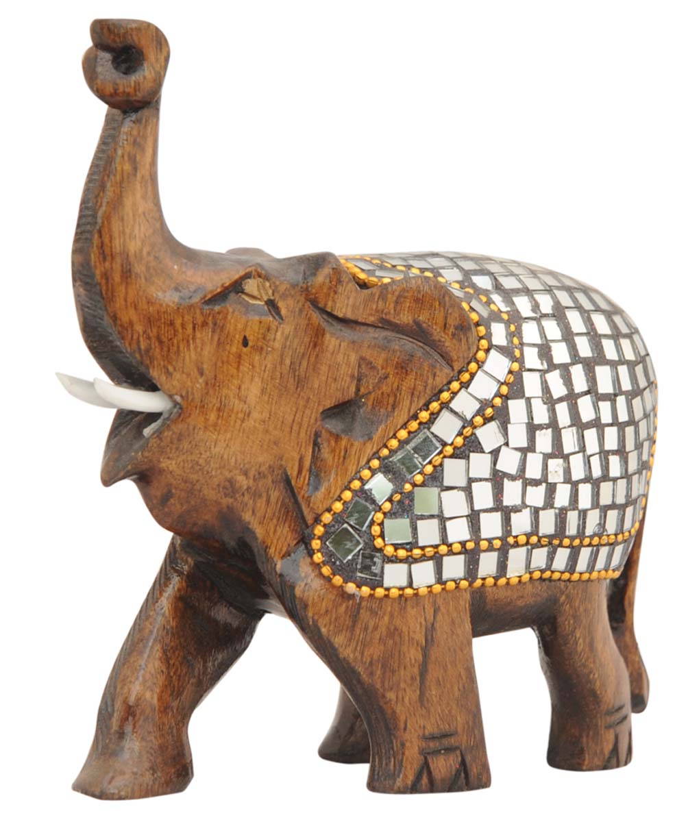 Wholesale 5.5” Trunk-Up Elephant Figurine - Bulk Buy Hand Carved Wooden Elephant Statue - Decorative Mirror and Beads Work - Animal Decor Sculpture - Home Decor Gifts from India
