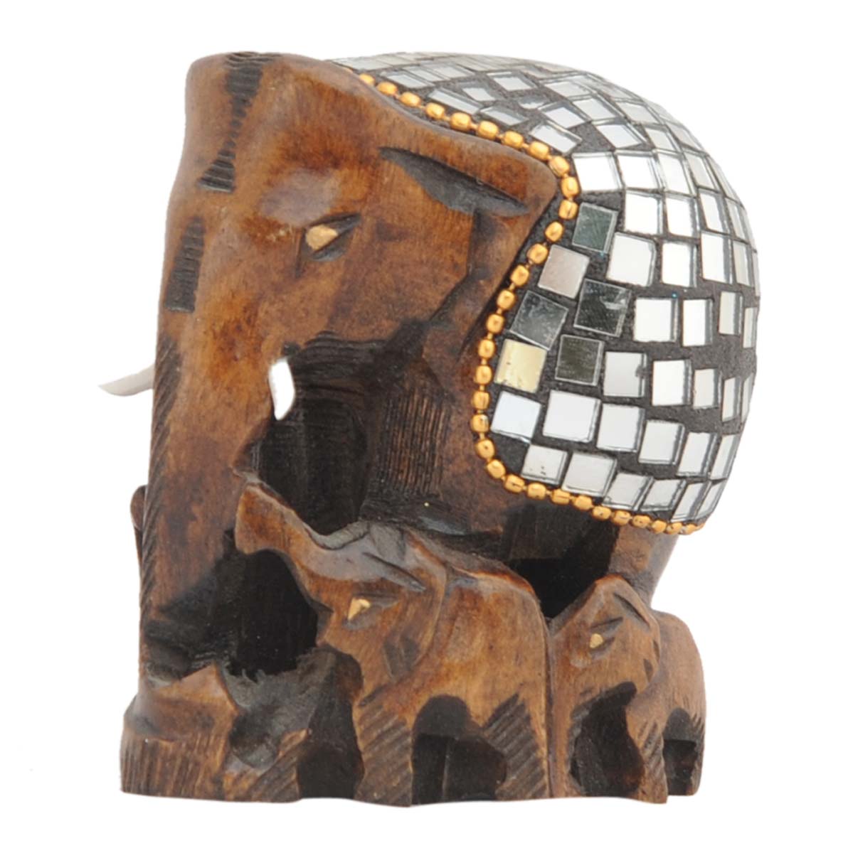 Wholesale 4” Elephant with Baby Elephants Figurine - Buy in Bulk Hand Carved Wood Elephant with Baby Elephants Statue Enhanced with Mirror and Beads’ Work - Home & Office Decor from India