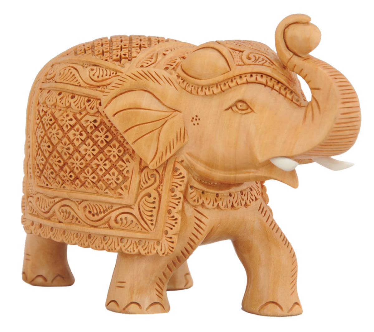 Wholesale 6” Trunk-Up Elephant Figurine - Buy in Bulk Hand Carved Wooden Figurine/Elephant Statue with Intricate Traditional Motif Carving on its Body - Unique Animal Decor Sculpture from India