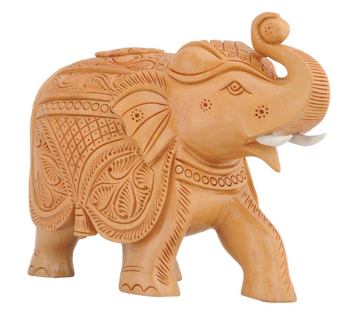 Source 5” Trunk-Up Elephant Figurine in Bulk - Wholesale Hand Carved Wooden Figurine/Elephant Statue with Intricate Carving of Traditional-Style Motifs and Flowers - Unique Animal Decor Sculpture from India