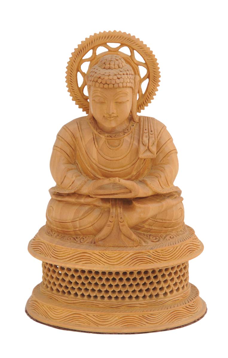 Wholesale Lord Buddha Figurine - Buy in Bulk 6” Hand Carved Wood Hindu God Buddha Figurine/Statue Sitting on Round Throne in Meditating Pose - Unique Good Luck Charms Sculpture - Home & Office Decor