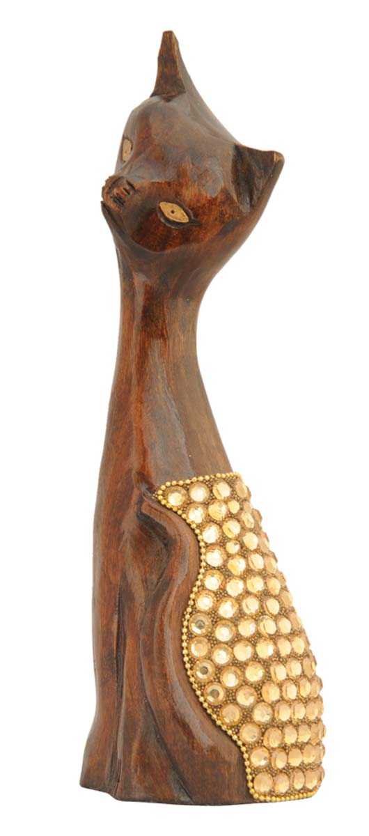 Bulk Wholesale Hand-Crafted 6” Eucalyptus Wood Sculpture of ‘Stylish Cat in Sitting Pose’ in Dark Brown Color with Golden Eyes and Beads’ Work – Rich Home Décor from India