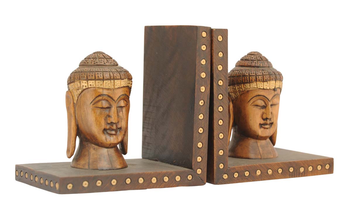 Bulk Wholesale Handmade 12” Eucalyptus Wood Bookends with Buddha Carved in Brown & Enhanced with Golden Brass Beads – Antique-Look Décor from India