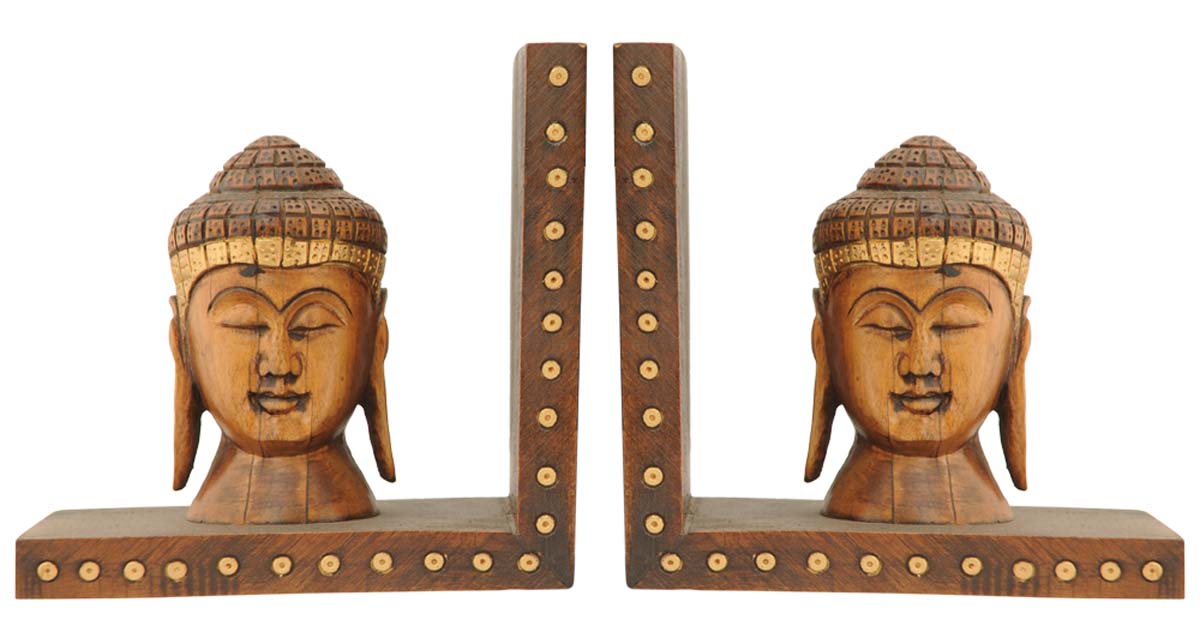 Bulk Wholesale Handmade 12” Eucalyptus Wood Bookends with Buddha Carved in Brown & Enhanced with Golden Brass Beads – Antique-Look Décor from India