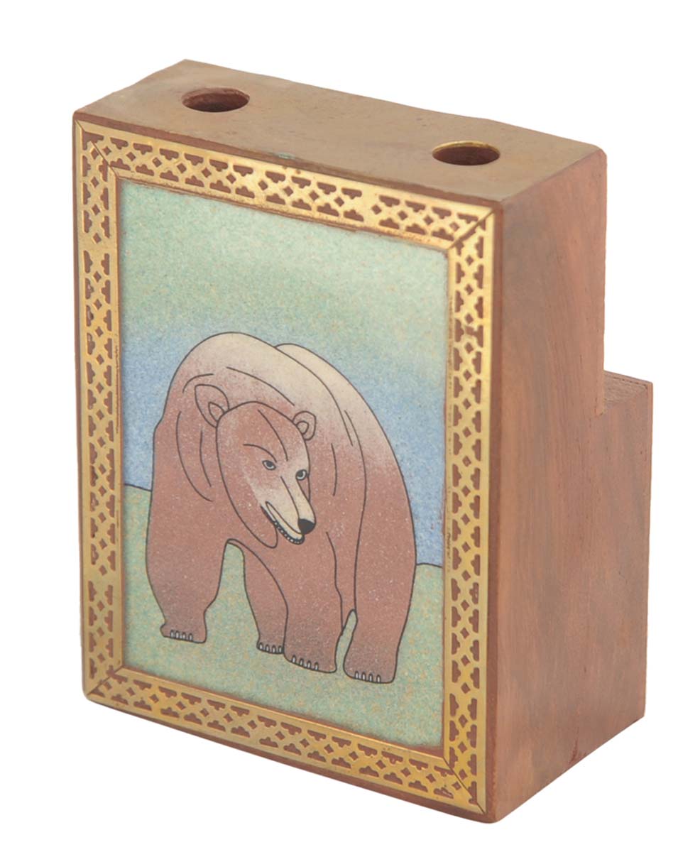 Bulk Wholesale Hand-Crafted 4.4” Card-Holder with Pen-Holder in Kadam-Wood & Brass Work – Art-Piece Enhanced with Painting of Bear – Ethnic-Style Desk Accessories from India