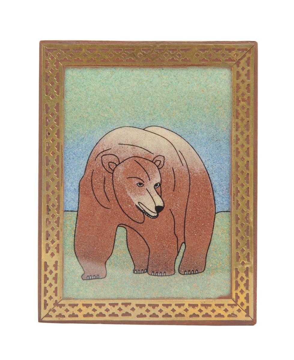 Bulk Wholesale Hand-Crafted 4.4” Card-Holder with Pen-Holder in Kadam-Wood & Brass Work – Art-Piece Enhanced with Painting of Bear – Ethnic-Style Desk Accessories from India