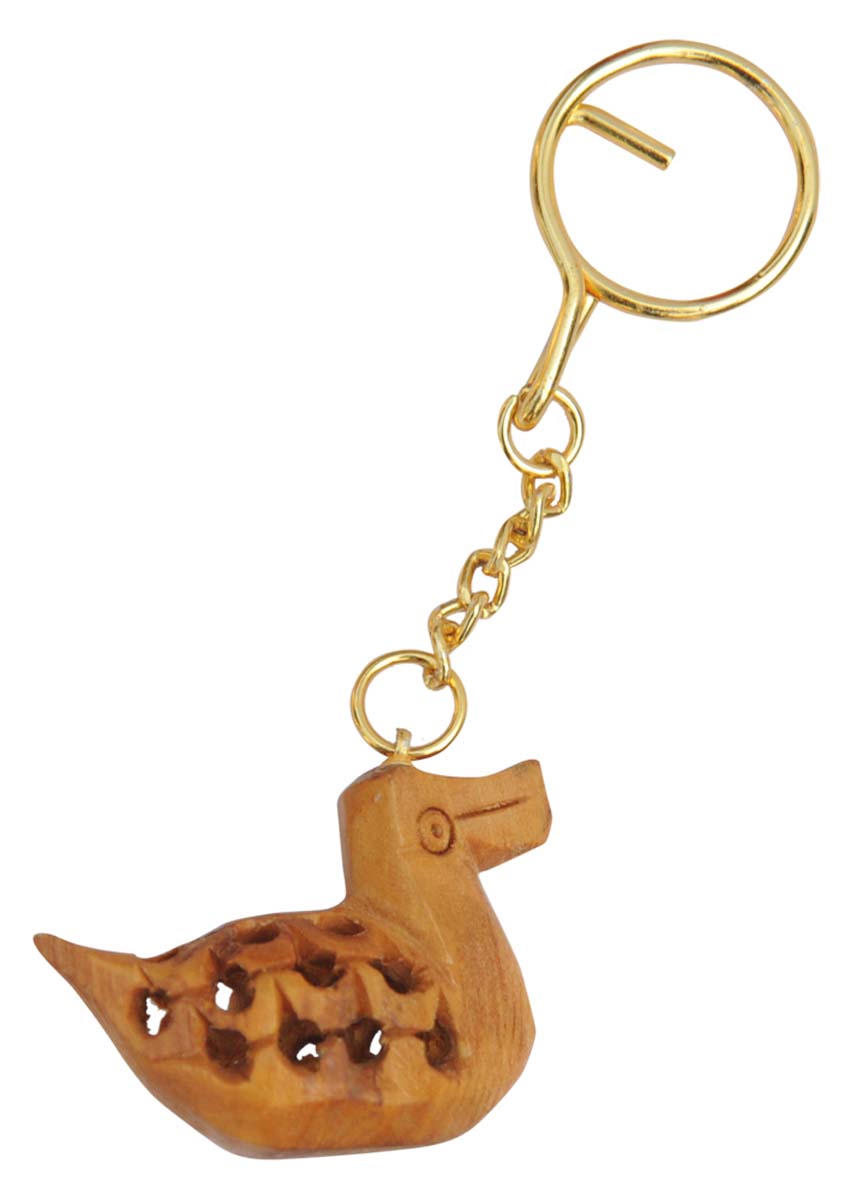 Bulk Wholesale Key Chain with a Duck Handmade 4 Inch in Brown Wood & Iron Chain - Traditional Style Gifts/Utility Items with Open-Work from India