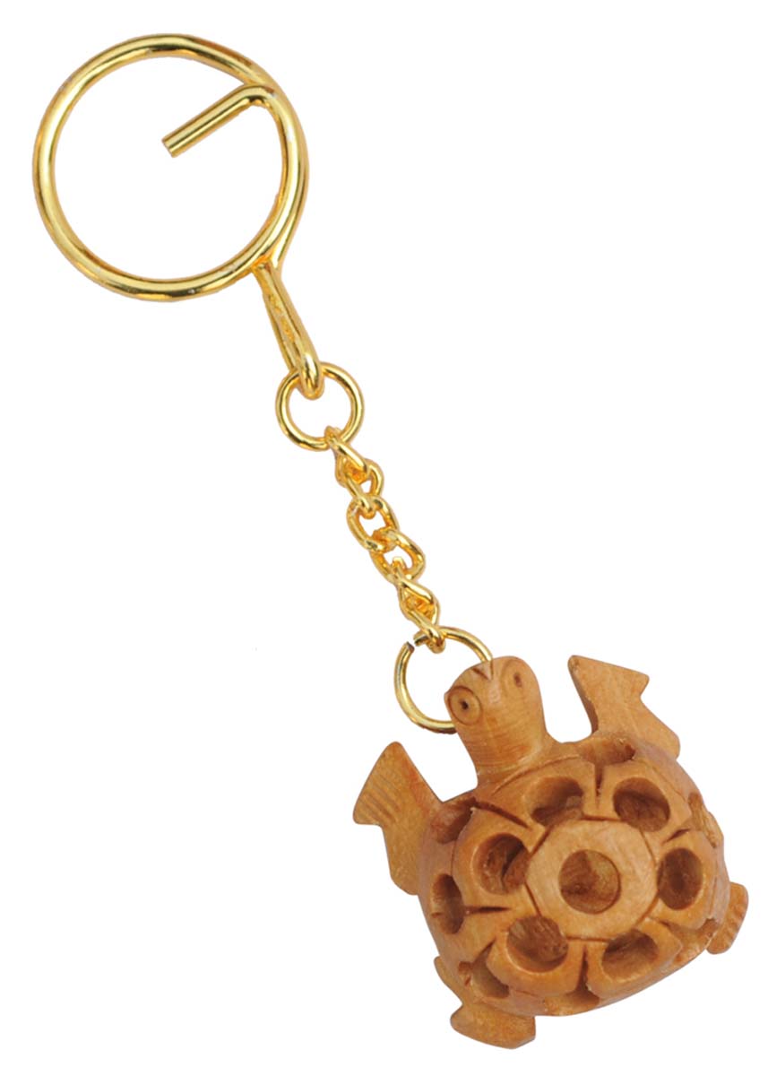 Bulk Wholesale 4” Key Chain with a Tortoise in Brown Wood & Iron Chain - Handmade Traditional Style Gifts/Utility Items with Open-Work from India