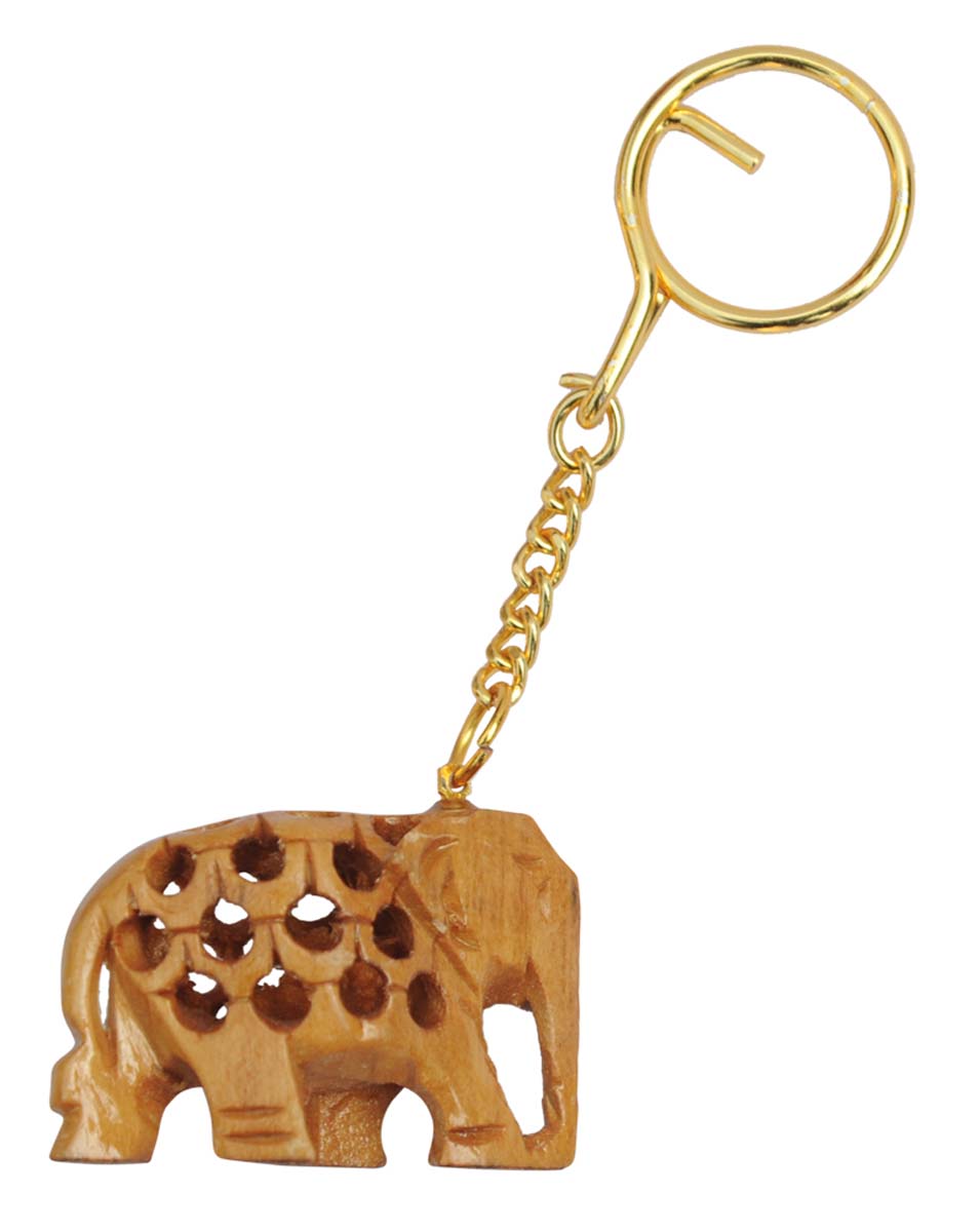 Bulk Wholesale Key Chain with an Elephant in Brown Wood & Iron Chain Handmade 4 inch - Traditional Style Gifts/Utility Items with Open-Work from India