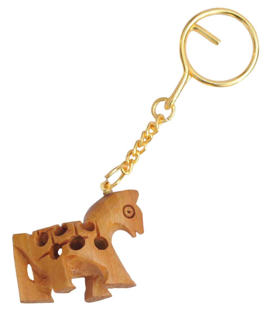 Bulk Wholesale 4” Key Chain with a Horse in Brown Wood & Iron Chain - Handmade Traditional Style Gifts/Utility Items with Open-Work from India