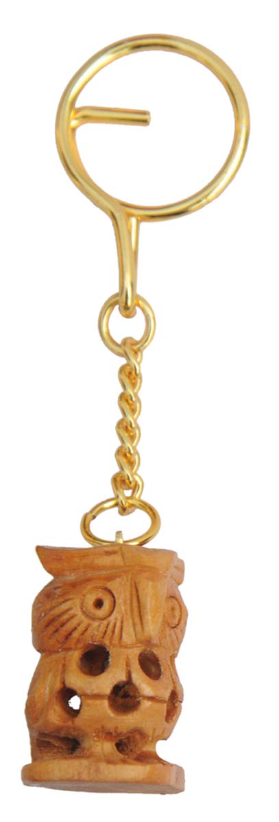 Bulk Wholesale Key Chain with an Owl Handmade 4 Inch in Brown Wood & Iron Chain - Traditional Style Gifts/Utility Items with Open-Work from India