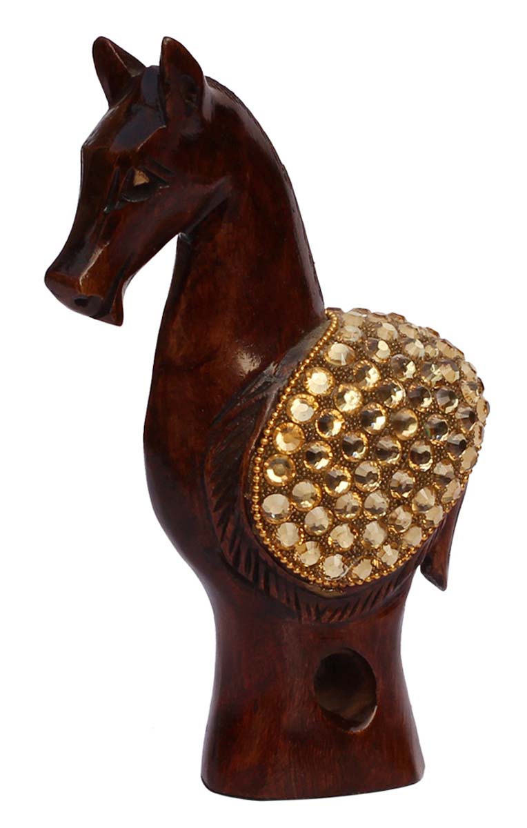 Wholesale 6” Horse Statue/Figurine - Bulk Buy Handcrafted Wood Horse Sculpture Enhanced with Golden Beads - Antique-Look Home Decor from India