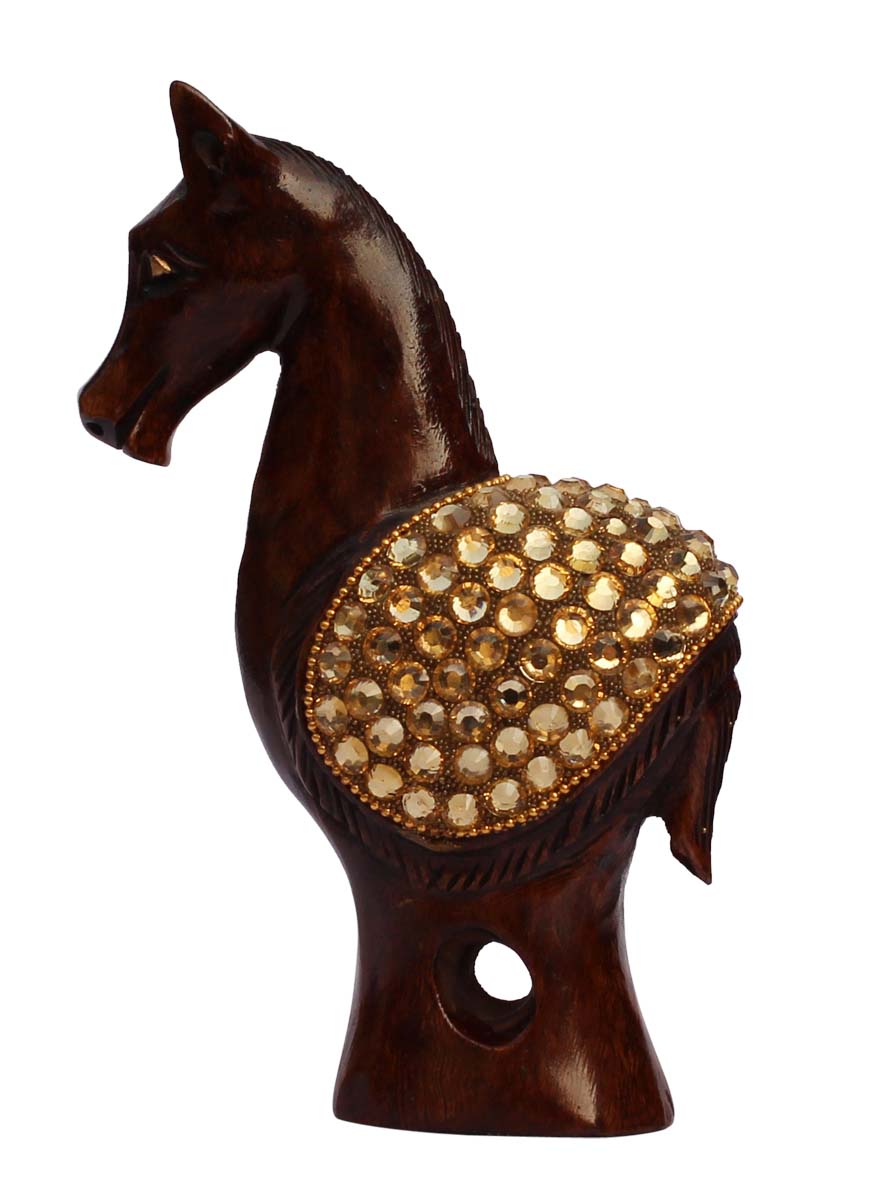Wholesale 6” Horse Statue/Figurine - Bulk Buy Handcrafted Wood Horse Sculpture Enhanced with Golden Beads - Antique-Look Home Decor from India