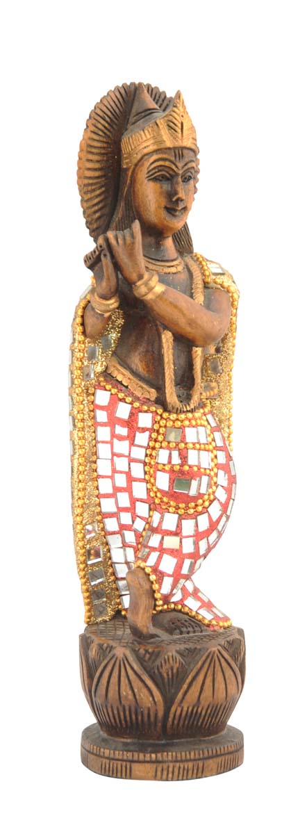 Wholesale Lord Krishna Figurine - Buy in Bulk 8.2” Hand Carved Wooden Hindu God Figurine/Statue with Mirrors and Beads’ Work - Unique Good Luck Charms Sculpture of Hindu God - Home & Office Decor from India