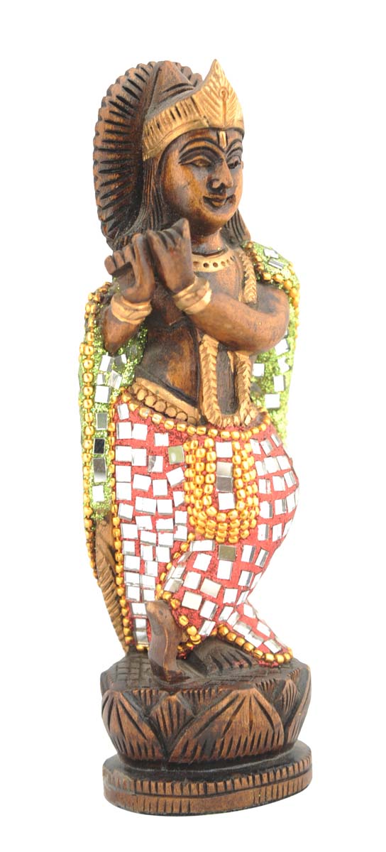 Wholesale Lord Krishna Figurine - Buy in Bulk 6” Hand Carved Wood Hindu God Krishna Figurine/Statue with Mirrors and Beads Work - Unique Good Luck Charms Sculpture of Hindu God - Home & Office Decor from India