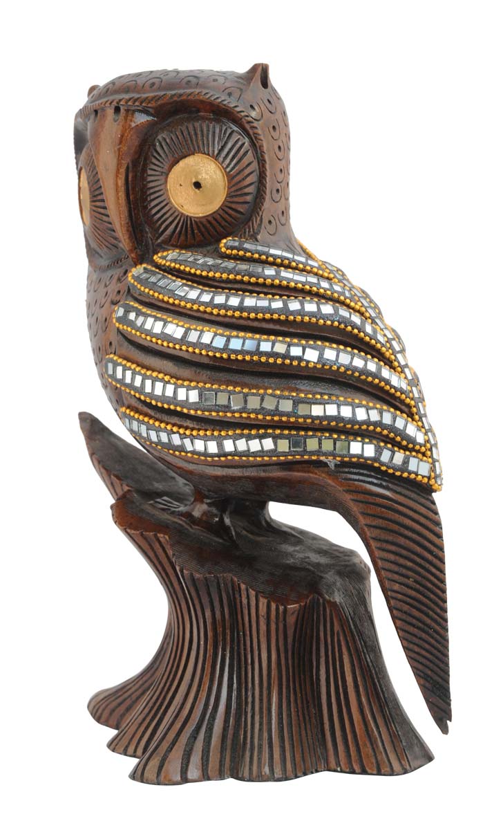 Wholesale Owl Figurine - Buy in Bulk 10” Hand-Crafted Wood Owl Statue Sitting on a Tree Enhanced with Mirror & Beads Work - Home & Office Decor Sculpture from India