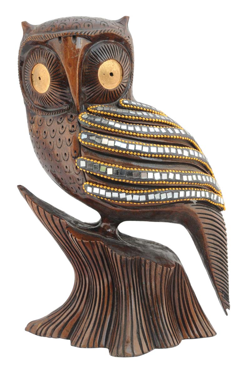 Wholesale Owl Figurine - Buy in Bulk 10” Hand-Crafted Wood Owl Statue Sitting on a Tree Enhanced with Mirror & Beads Work - Home & Office Decor Sculpture from India