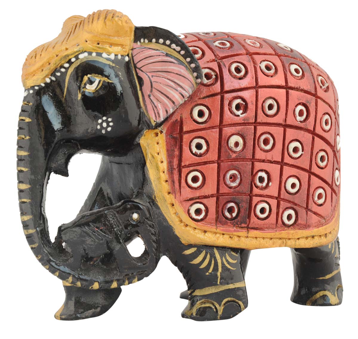 Wholesale 3” Elephant Figurine with Baby in Trunk - Bulk Source Hand-Painted Wood Elephant Statue in Colorful Indian Motifs - Animal Decor Sculpture - Home Decor Gifts from India