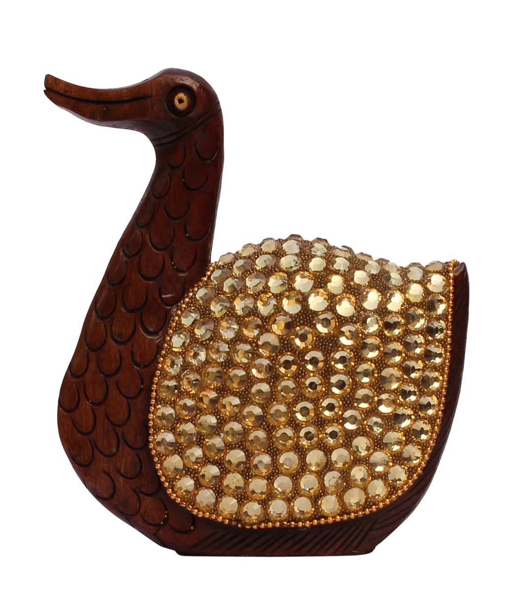 Bulk Source 5” Duck Statue/Figurine - Wholesale Handcrafted Wood Duck Sculpture Enhanced with Golden Beads - Antique-Look Home Decor from India