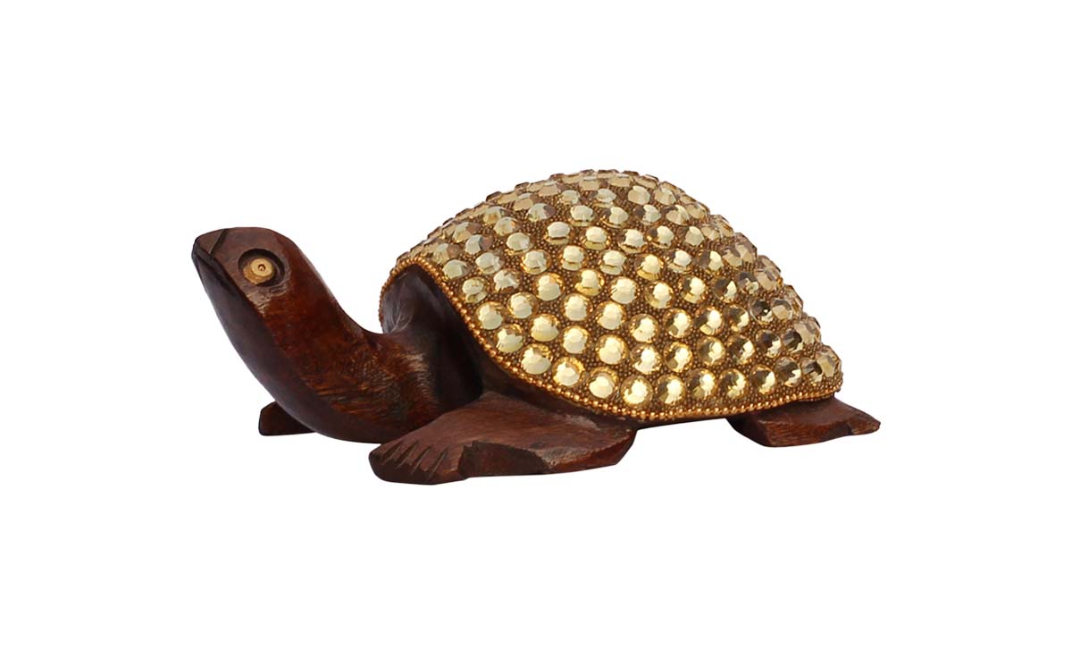 Wholesale Tortoise Figurine - Buy in Bulk 5” Hand-Crafted Wood Turtle Statue with Traditional Style Golden Beads - Home & Office Decor Sculpture from India