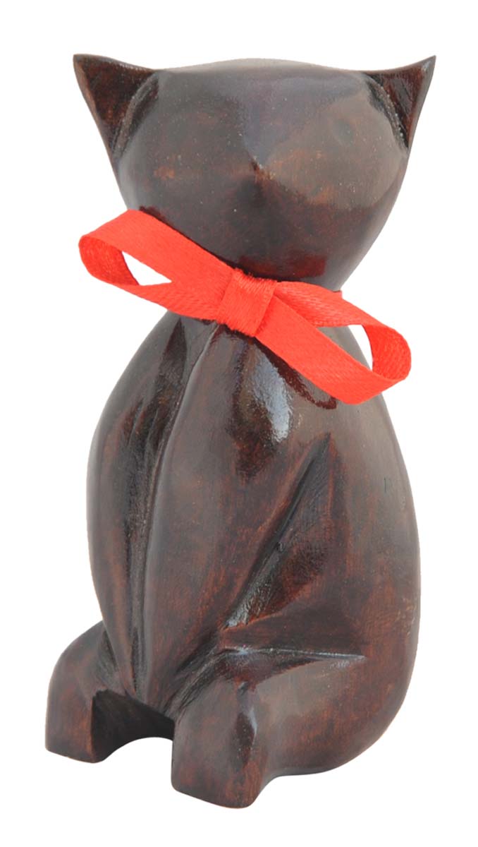 Bulk Wholesale Sitting Cat Sculpture – Hand-Crafted 5” Animal Figurine / Statue in Eucalyptus Wood– Cute Kitten with Red Ribbon from India