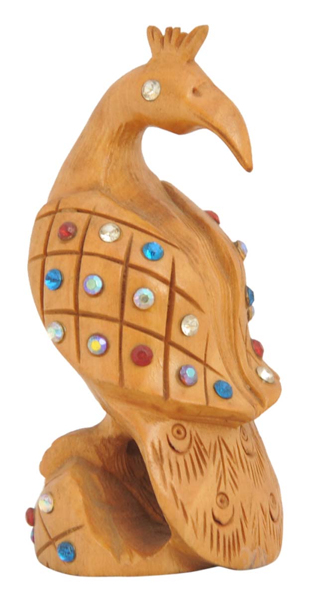 Bulk Wholesale Peacock Sculpture in Wood – Hand-Crafted 4.5” Animal Sculpture / Figurine with Colorful Stone Inlay - Thoughtful Gifts / Décor from India