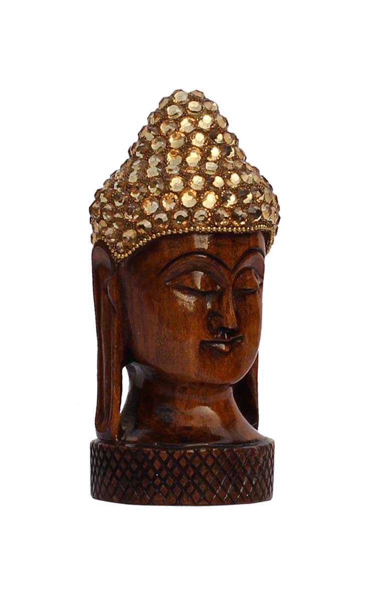 Wholesale Lord Buddha Head Sculpture/Figurine - Buy in Bulk 5” Hand Carved Wood Buddha Head Statue Enhanced with Traditional Style Golden Beads - Unique Good Luck Charms Stone Sculpture - Home & Office Decor