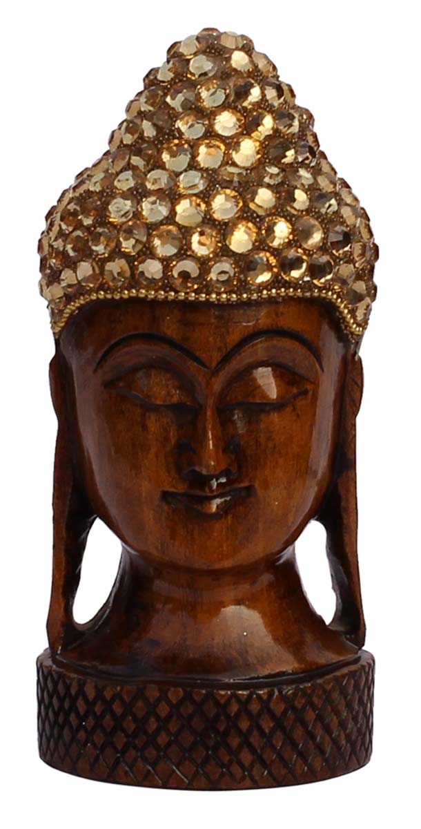 Wholesale Lord Buddha Head Sculpture/Figurine - Buy in Bulk 5” Hand Carved Wood Buddha Head Statue Enhanced with Traditional Style Golden Beads - Unique Good Luck Charms Stone Sculpture - Home & Office Decor