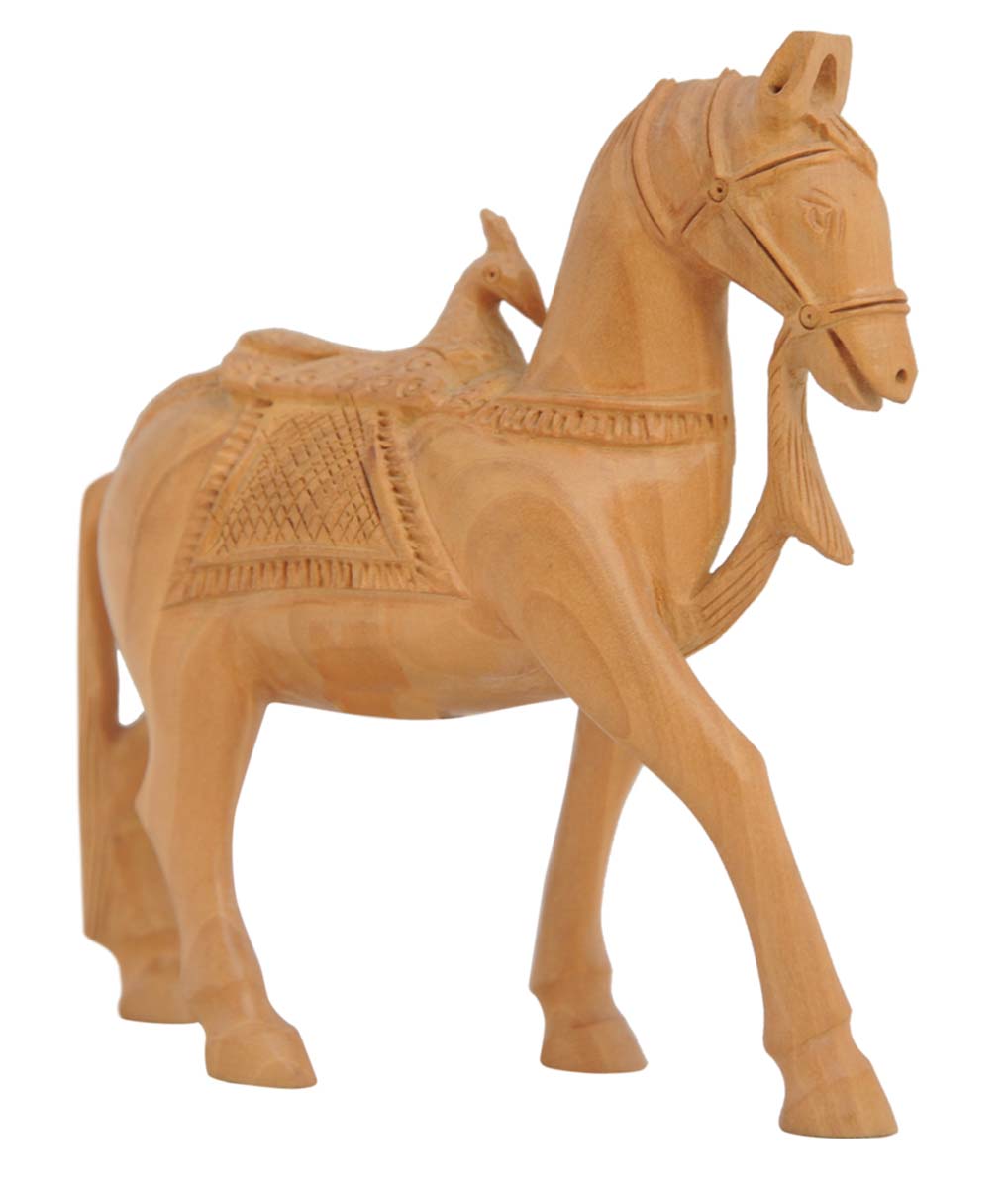 Bulk Source 5” Wood Horse Statue/Figurine with Peacock Saddle - Wholesale Wooden Horse Sculpture - Decorative Home Decor Statues & Gift Sculptures from India