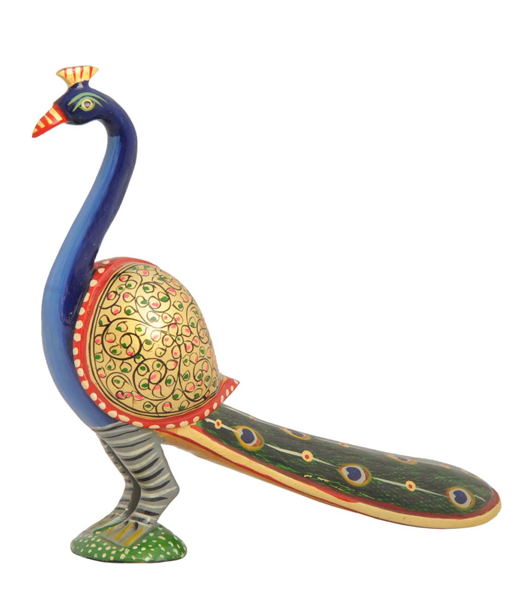 Bulk Wholesale Hand-Carved 7” Wooden Statue / Sculpture of Peacock in Bright Minakari Style Painting - Ethnic-Look Home Décor from India