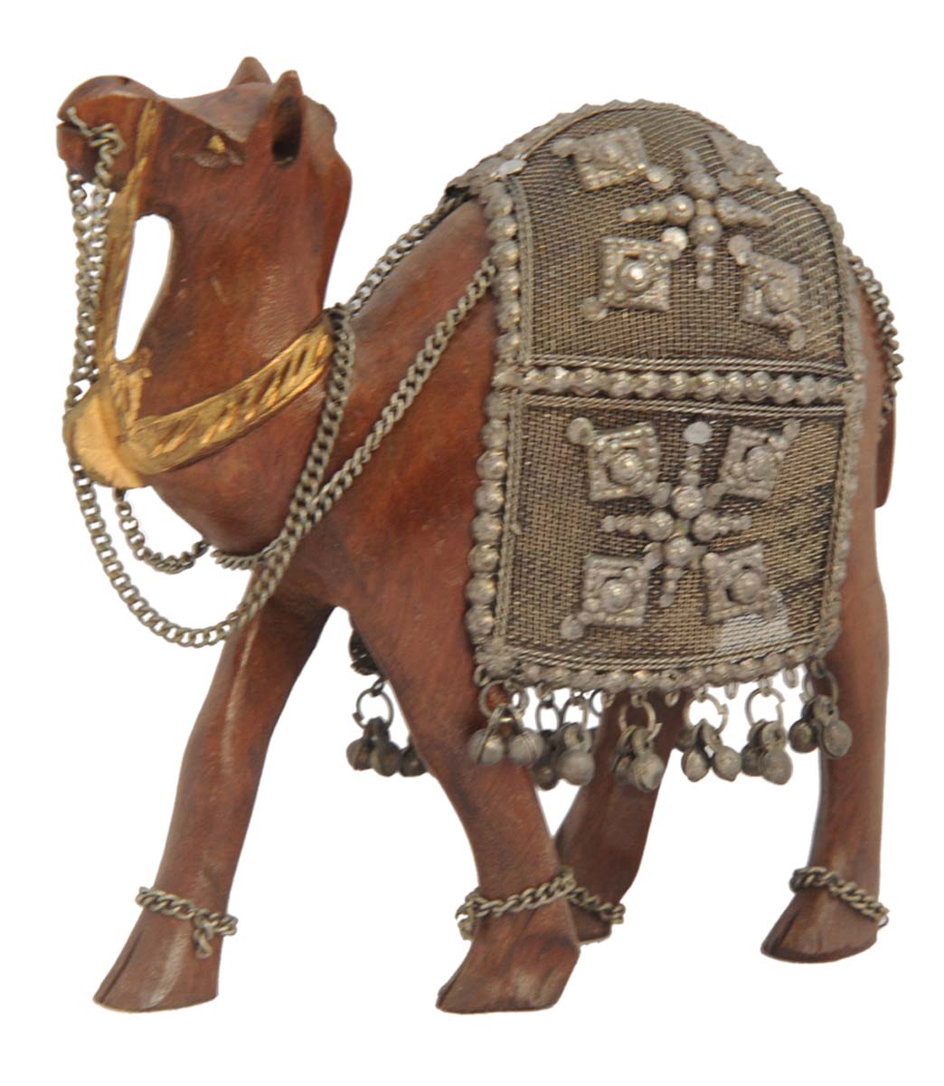 Source 4.5” Camel (Ship of the Desert) Figurine/Statue in Bulk - Wholesale Handmade Wood Camel Sculpture with Silver Metal Trappings - Good Luck Sculptures - Home & Office Decor