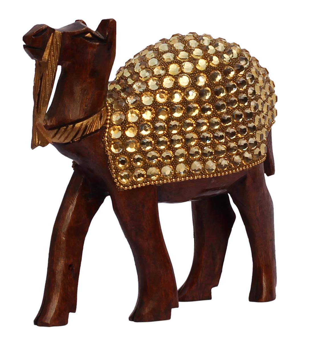 Wholesale Camel Figurine - Buy in Bulk 5” Hand Carved Wood Camel Statue Enhanced with Traditional Style Golden Beads - Home & Office Decor from India