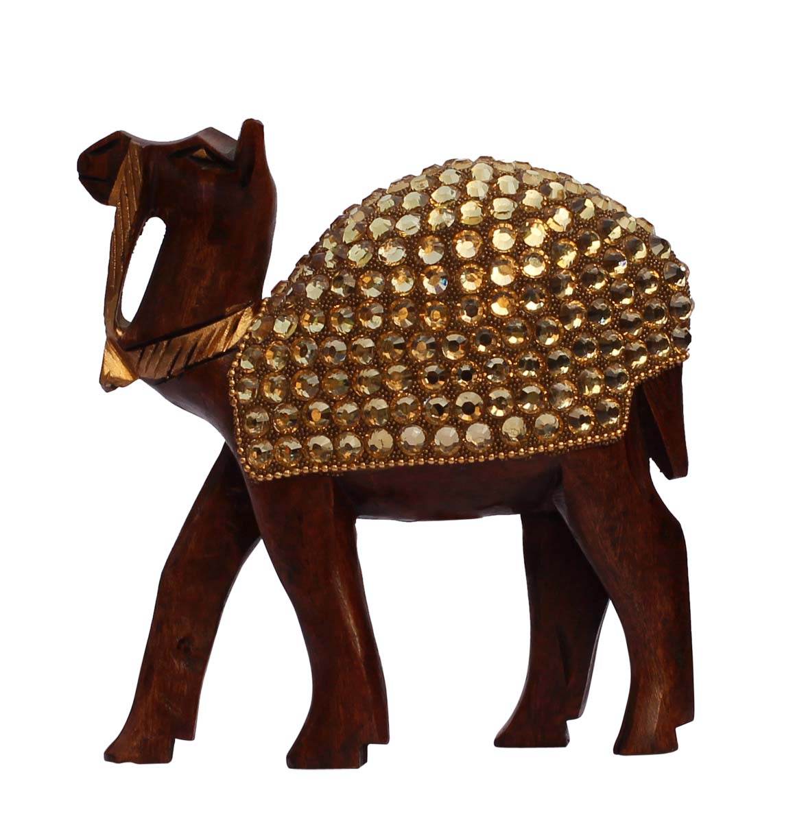 Wholesale Camel Figurine - Buy in Bulk 5” Hand Carved Wood Camel Statue Enhanced with Traditional Style Golden Beads - Home & Office Decor from India