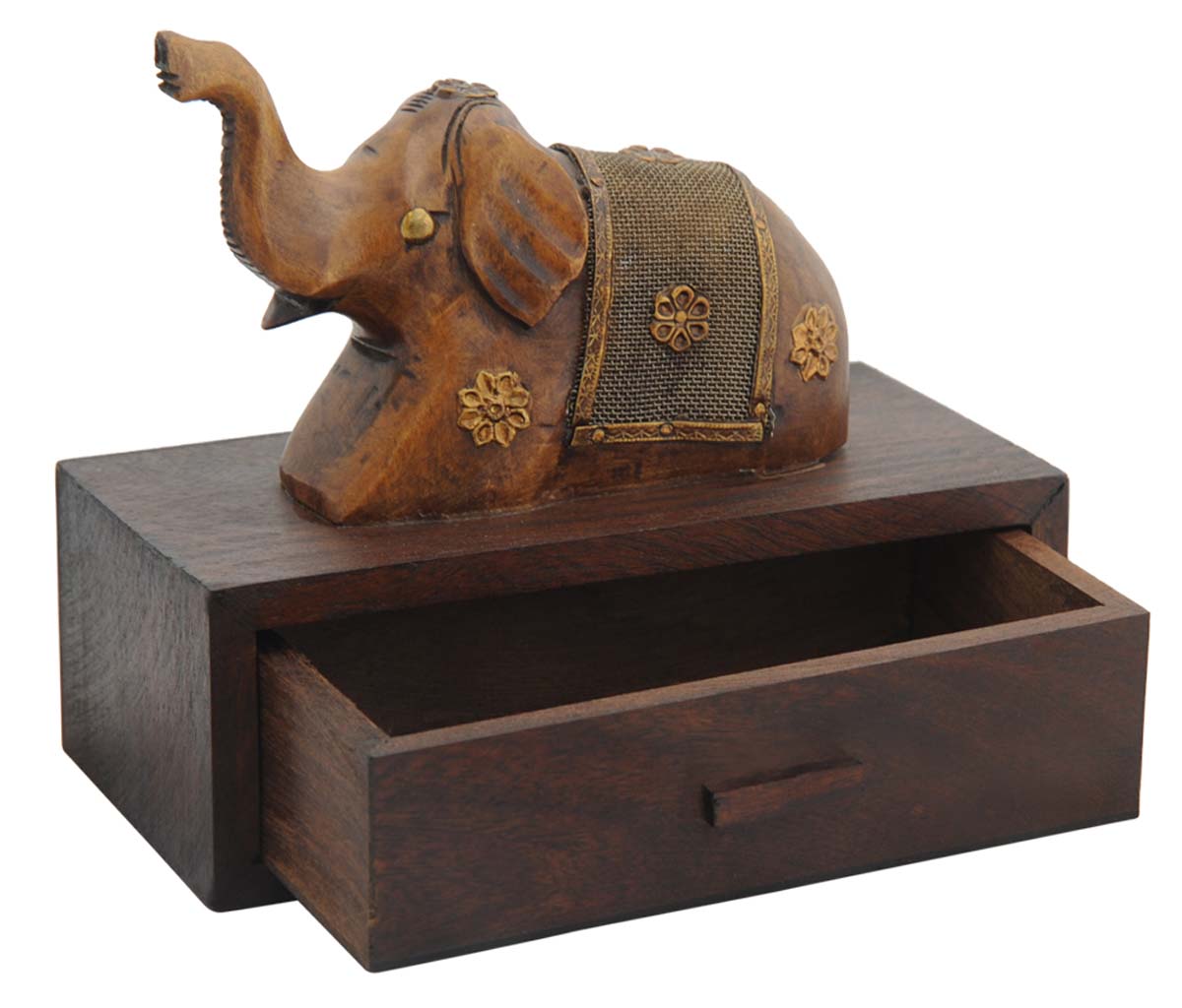 Bulk Wholesale Hand-Carved 5.4” Antique-Look Drawer in Plywood with a Wood Elephant at the Top with Metal-Work - Ethnic-Look Home Décor from India