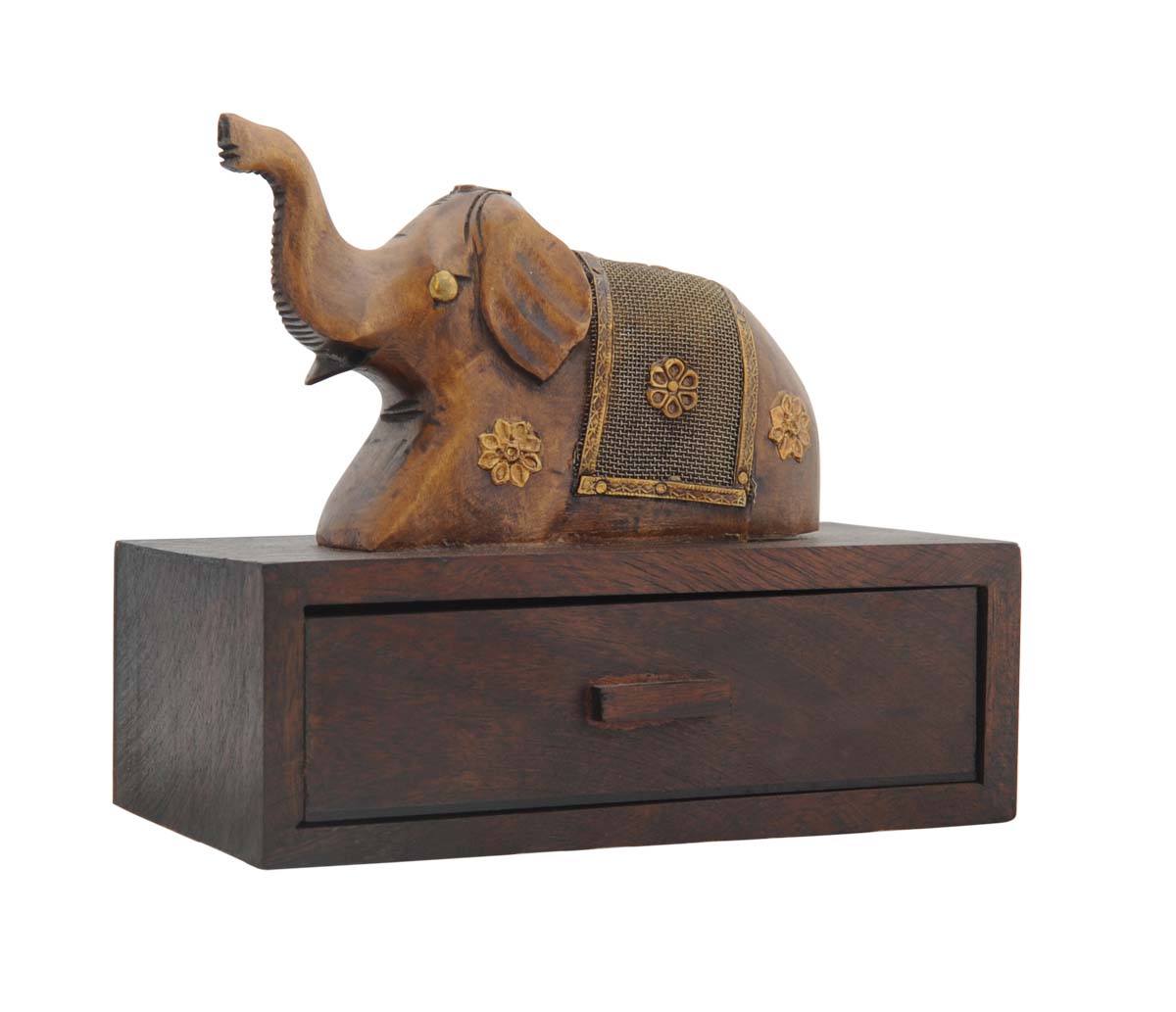 Bulk Wholesale Hand-Carved 5.4” Antique-Look Drawer in Plywood with a Wood Elephant at the Top with Metal-Work - Ethnic-Look Home Décor from India