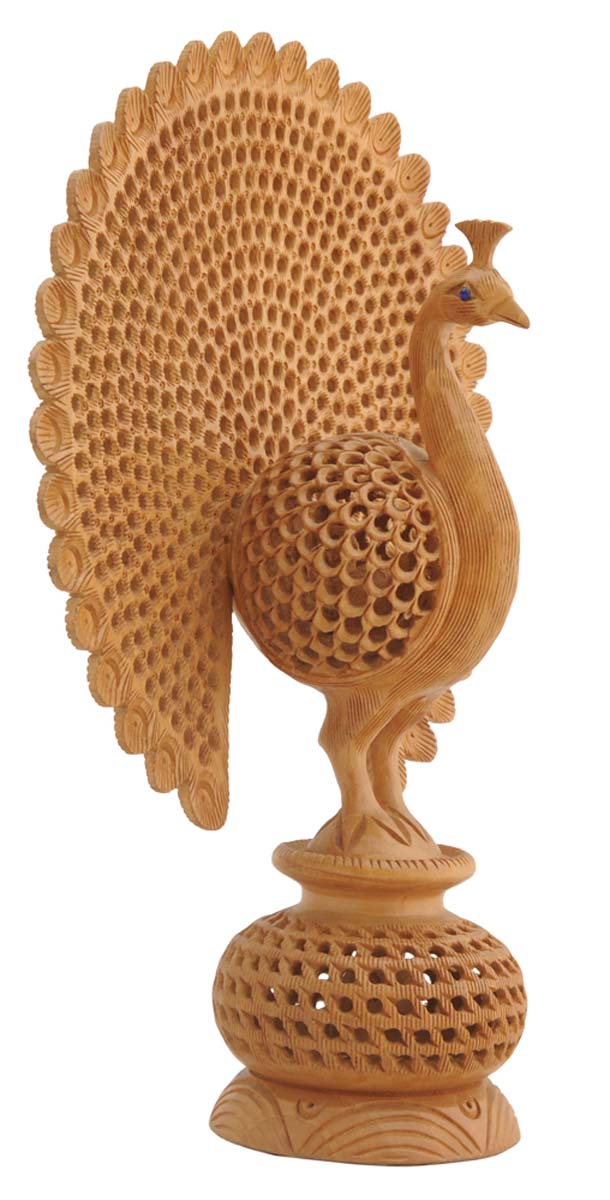 Bulk Wholesale Peacock Sculpture in Wood – Hand-Carved 10” Animal Statue / Figurine with Jaali-Work – Ethnic-Look Art-Pieces from India – Home Décor