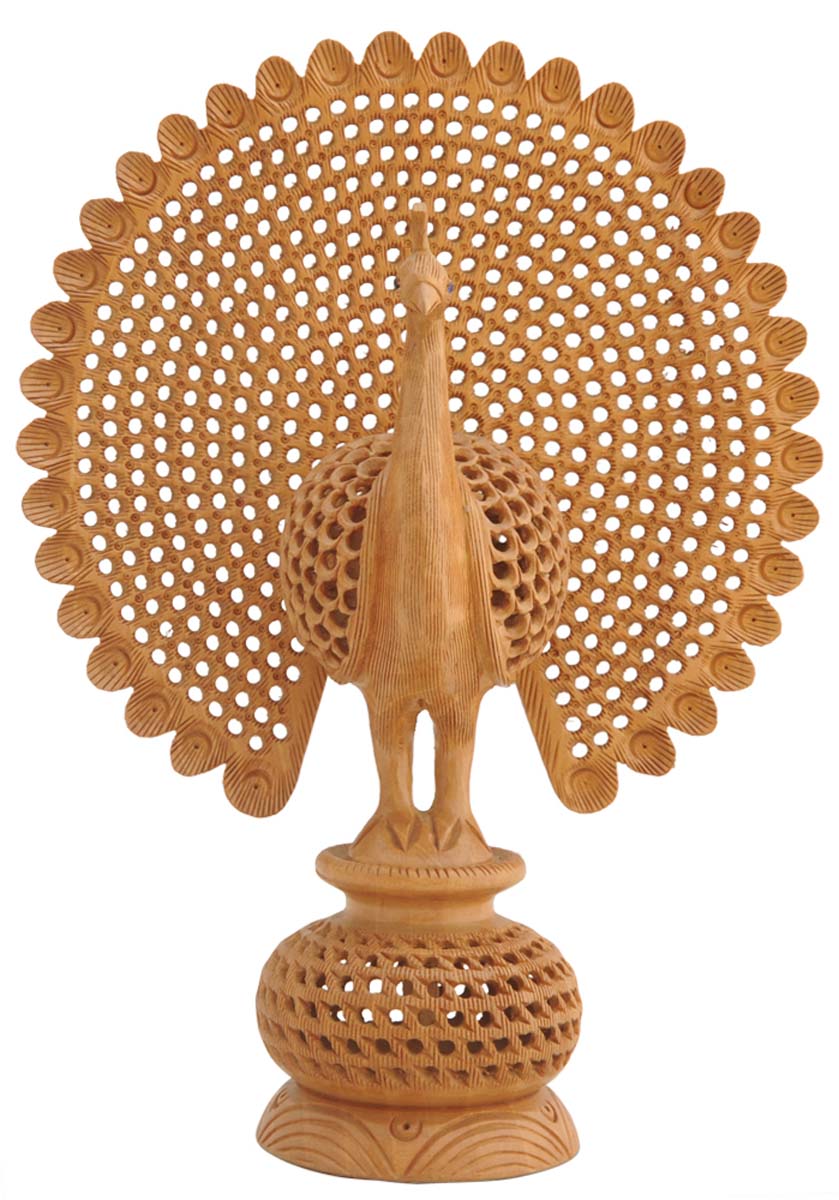 Bulk Wholesale Peacock Sculpture in Wood – Hand-Carved 10” Animal Statue / Figurine with Jaali-Work – Ethnic-Look Art-Pieces from India – Home Décor