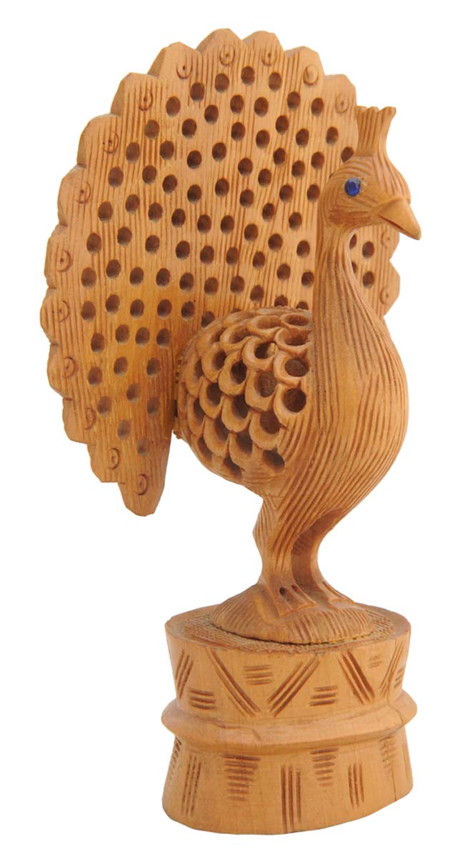 Bulk Wholesale Peacock Sculpture in Wood – Hand-Carved 6” Animal Statue / Figurine with Jaali-Work – Ethnic-Look Art-Pieces from India – Home Décor