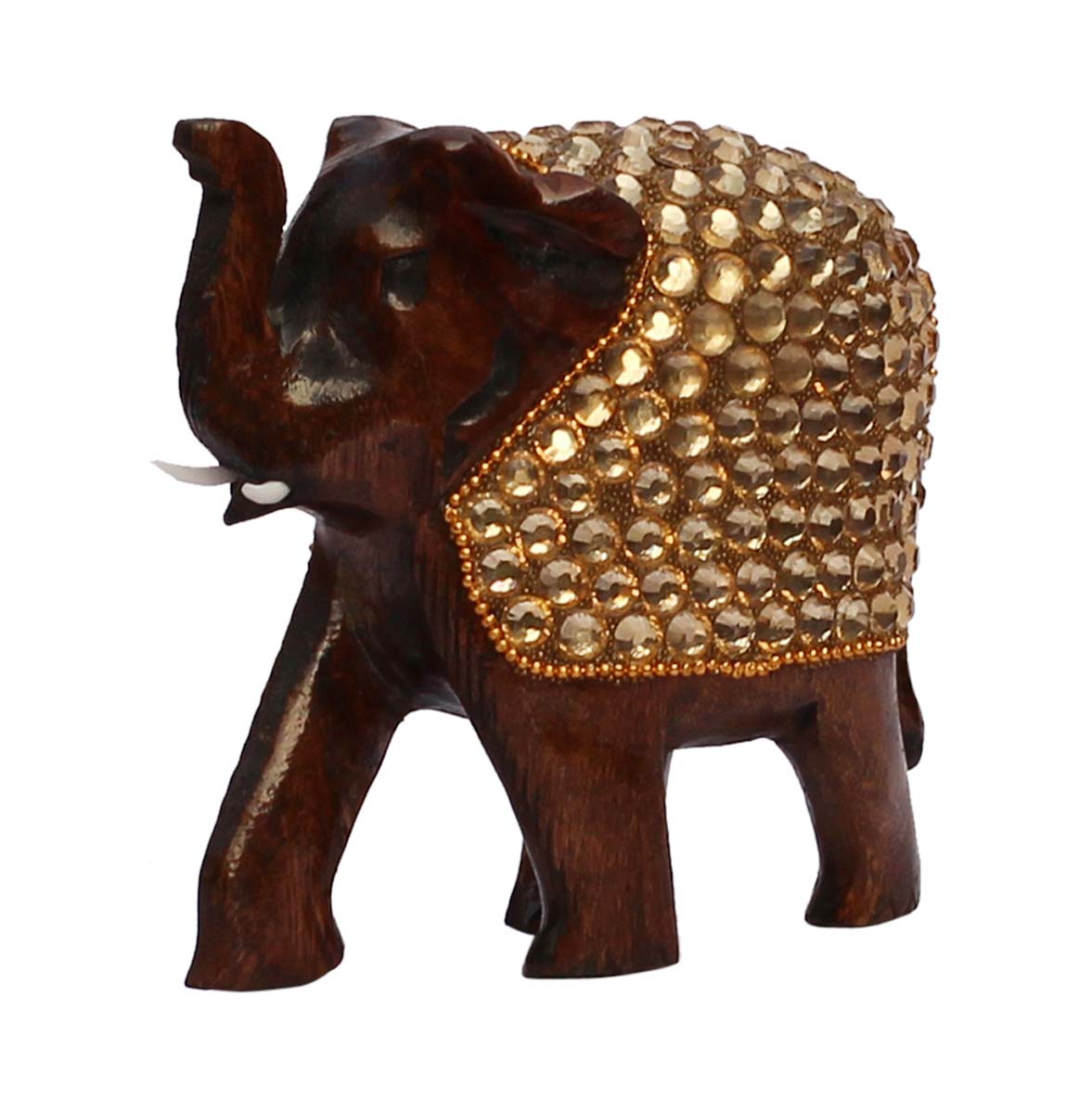 Wholesale Trunk-Up Elephant Figurine - Buy in Bulk 4.5” Hand Carved Wood Elephant Statue Enhanced with Traditional Style Golden Beads - Home & Office Decor from India