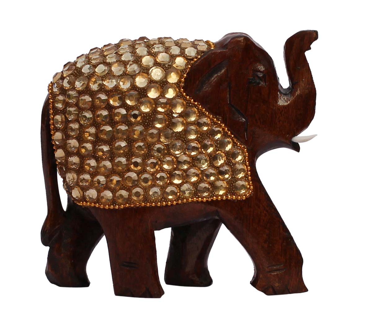 Wholesale Trunk-Up Elephant Figurine - Buy in Bulk 4.5” Hand Carved Wood Elephant Statue Enhanced with Traditional Style Golden Beads - Home & Office Decor from India