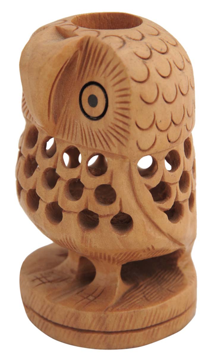 Bulk Wholesale Hand-Carved 3” Owl-Shaped Pen-Stand / Stationery Organizer in Kadam-Wood – Office / Desk Accessories from India