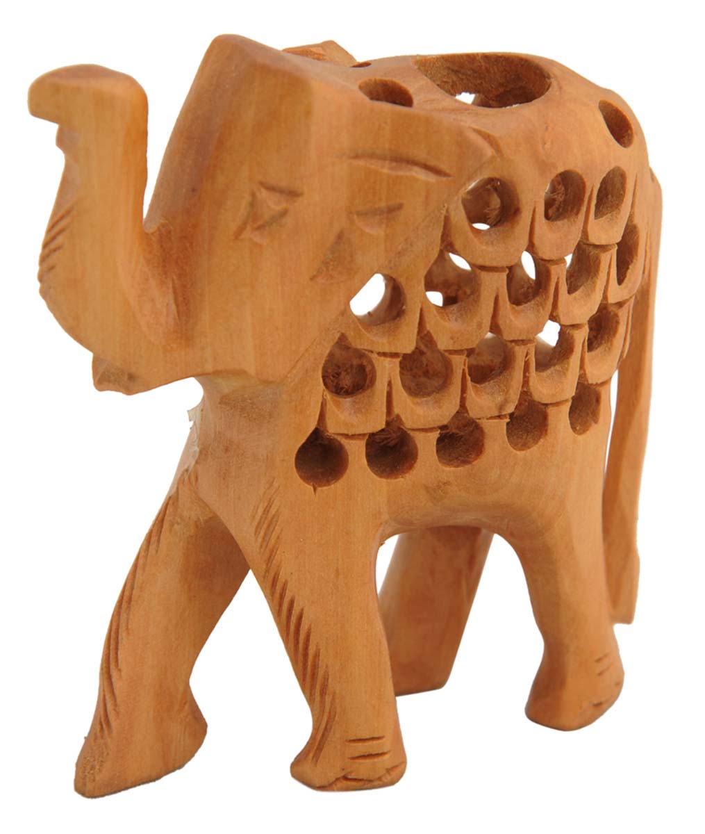 Bulk Wholesale Hand-Carved 3.2” Elephant-Shaped Pen-Stand / Stationery Organizer in Kadam-Wood – Office / Desk Accessories from India