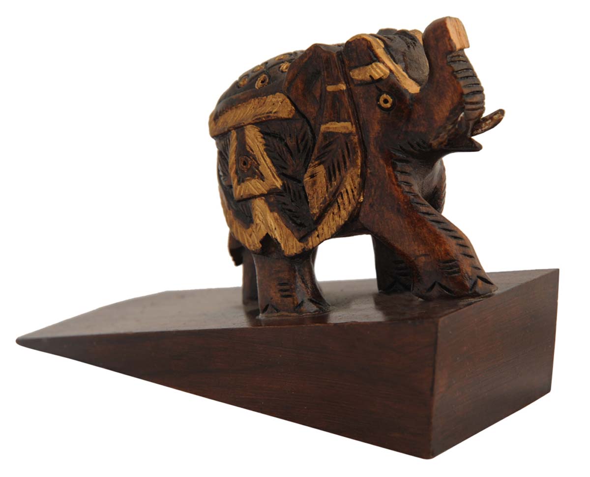 Bulk Wholesale Door-Stopper with Elephant Design Hand-Crafted 3” Dark Brown Wood - Antique-Look Decor/Home Essential from India
