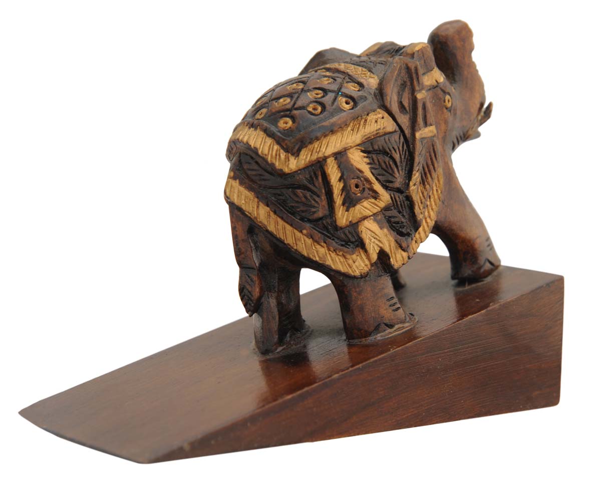 Bulk Wholesale Door-Stopper with Elephant Design Hand-Crafted 3” Dark Brown Wood - Antique-Look Decor/Home Essential from India