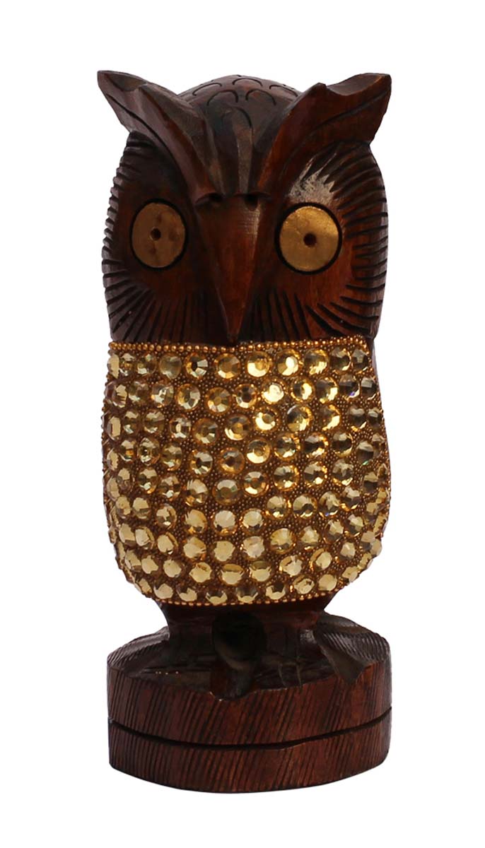 Wholesale 6” Owl Figurine - Buy in Bulk Hand Carved Wood Owl Statue Enhanced with Traditional Style Golden Beads - Home & Office Decor from India