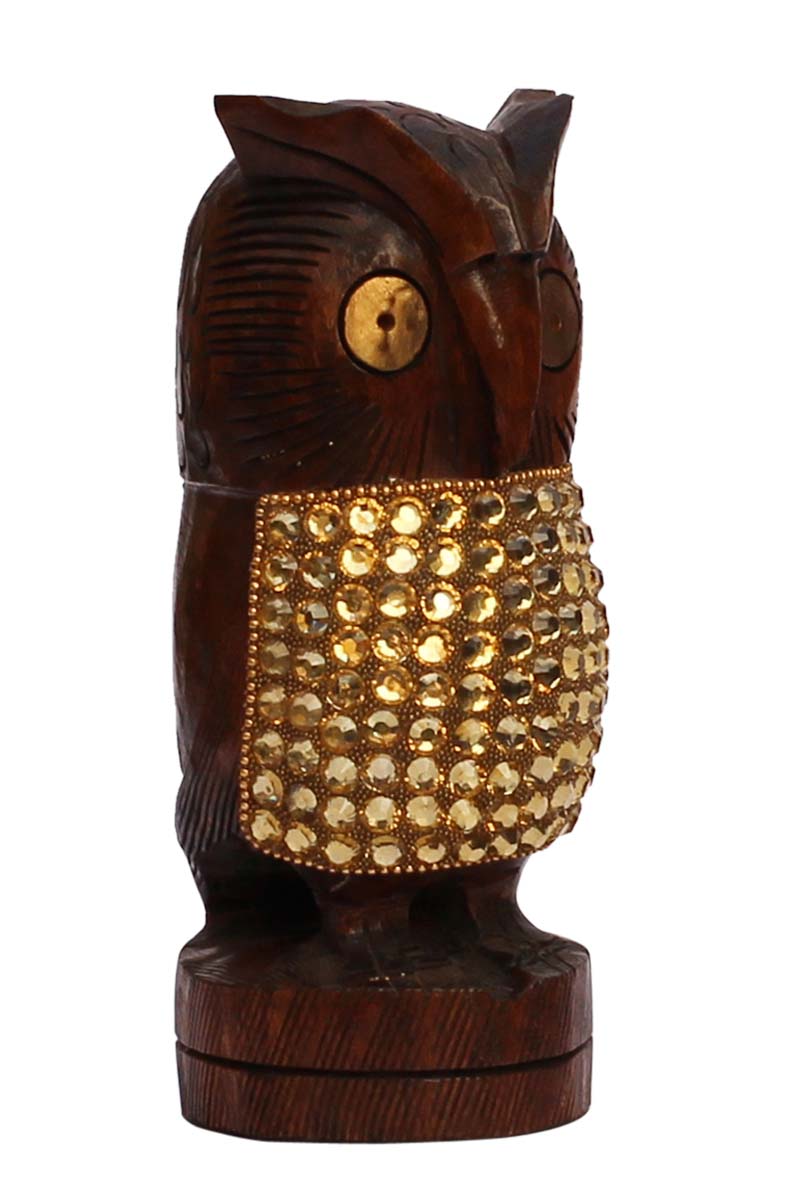 Wholesale 6” Owl Figurine - Buy in Bulk Hand Carved Wood Owl Statue Enhanced with Traditional Style Golden Beads - Home & Office Decor from India