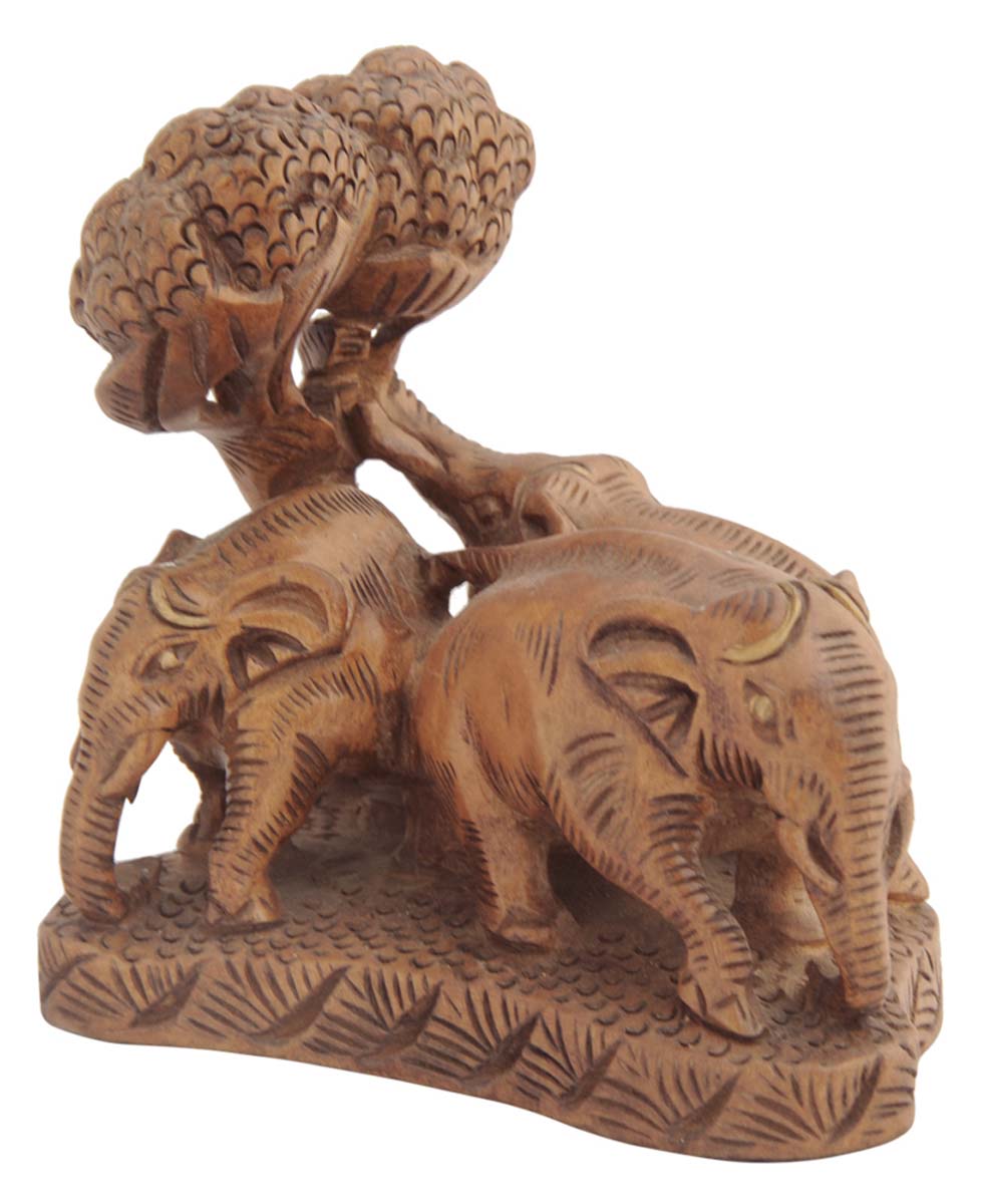 Bulk Wholesale ‘3 Elephants under a Tree’ Sculpture – Hand-Carved 5” Wooden Decoration-Piece of Jungle Scene – Artistic Home Décor from India