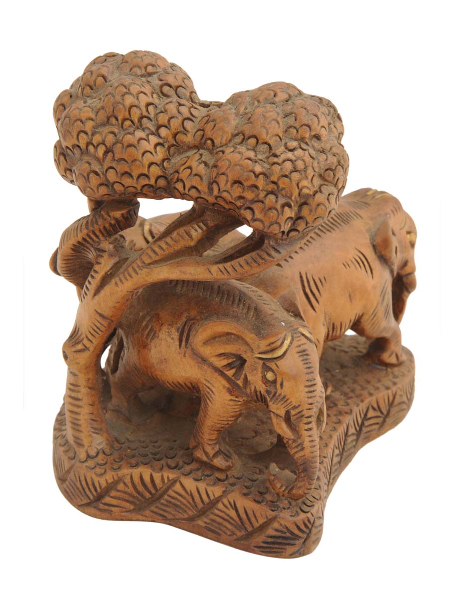 Bulk Wholesale ‘3 Elephants under a Tree’ Sculpture – Hand-Carved 5” Wooden Decoration-Piece of Jungle Scene – Artistic Home Décor from India
